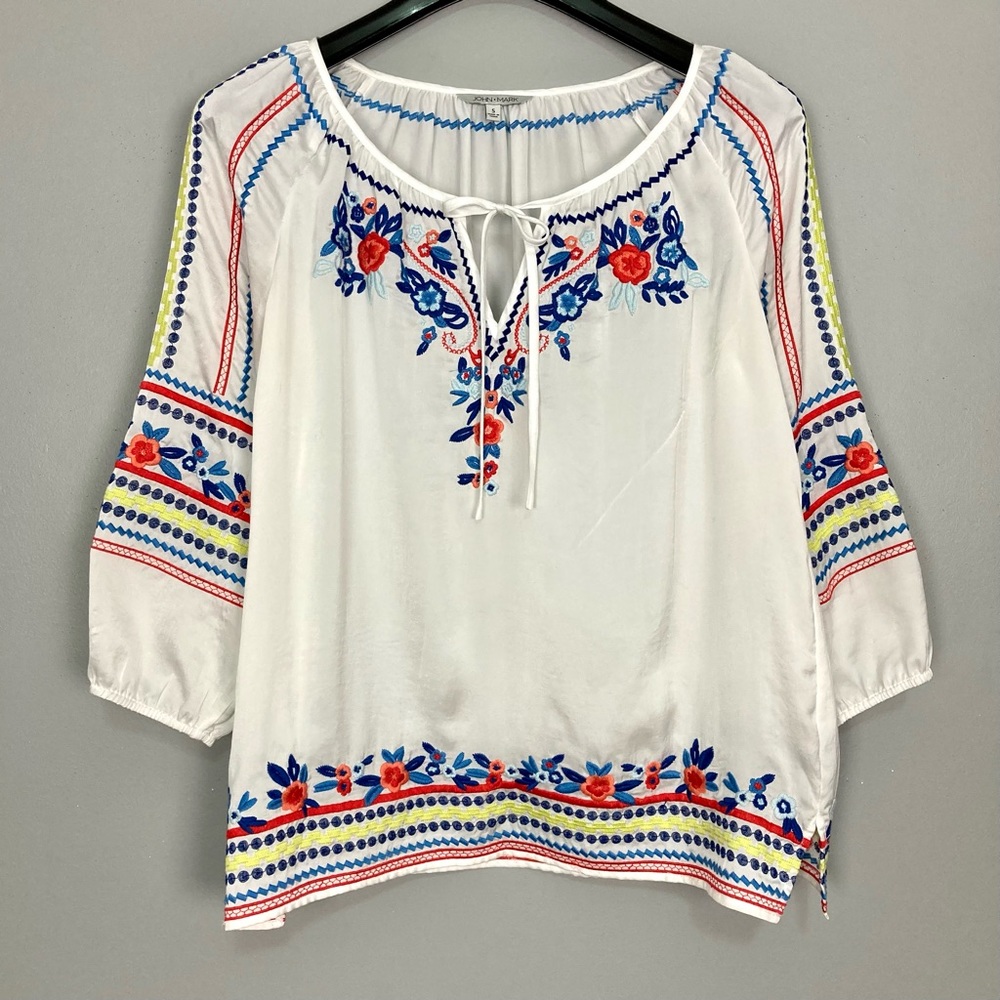 John Mark Embroidered Peasant Blouse Women’s Size S Tie Neck 3/4 Sleeves Boho